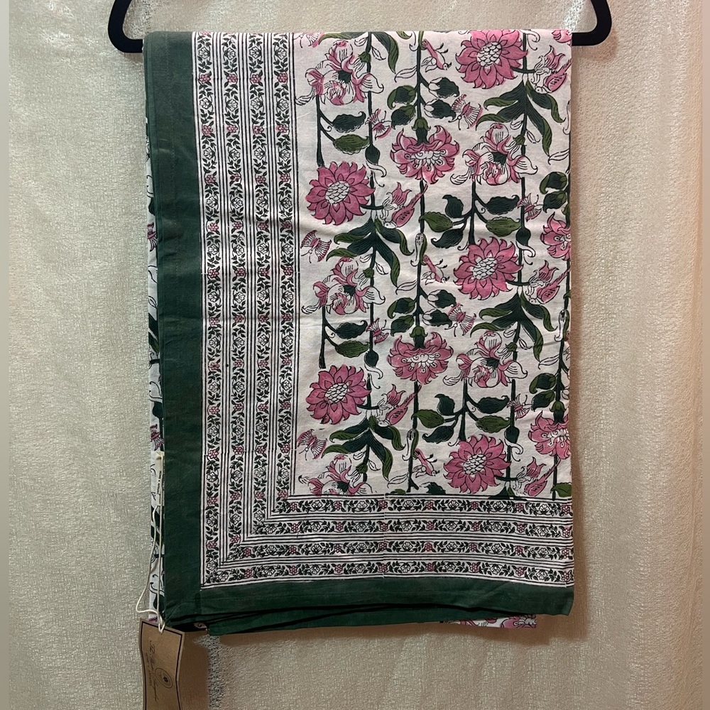 The Planters Bungalow Tablecloth and Table Runner in block printed Green/Pink